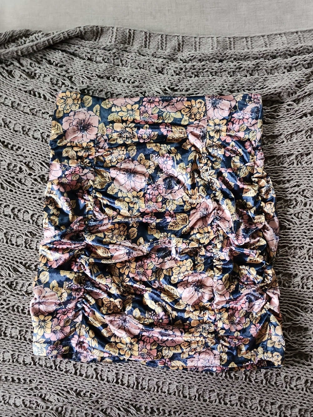 Free People Navy Floral Ruched Mini Skirt with Pink and Gold Blooms